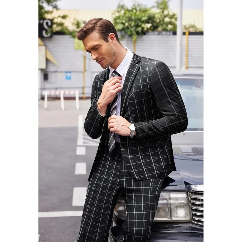 Men's Black ( Plaid ) 2 Piece Suits Slim Fit 2 Button Business Wedding Party - Picture 2 of 5